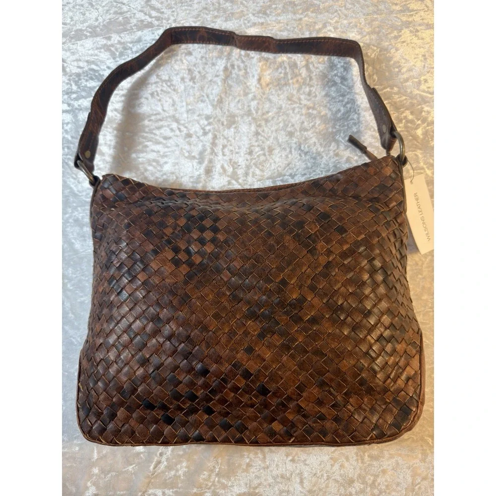 Wilsons Leather Brown Woven Leather Hobo Shoulder Bag Purse Boho NWT